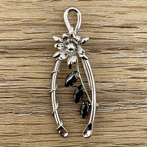 Silver Tone Flower Ribbon and Marquise-cut Black Rhinestone Brooch/Pin - Picture 1 of 5